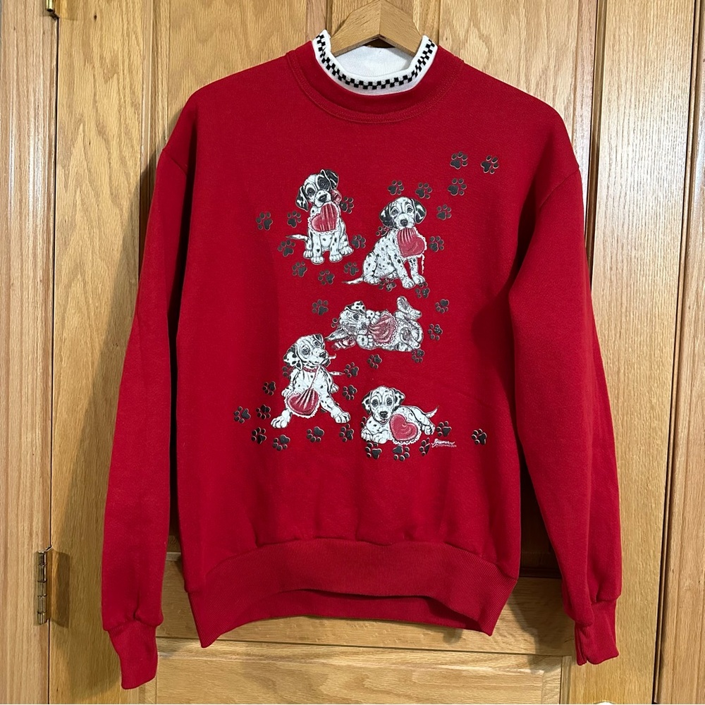 Vintage Jerzees red sweatshirt with Dalmatian puppies and hearts by Morning Sun